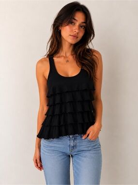 edc by Esprit Black Tiered Ruffle Racerback Tank Top XS